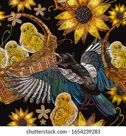 Embroidery chickens, magpie birds and sunflowers in a basket seamless pattern. Template for clothes, textiles, t-shirt design