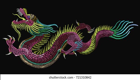 Embroidery chinese dragons. Art dragons t-shirt design. Clothes, textile design template 