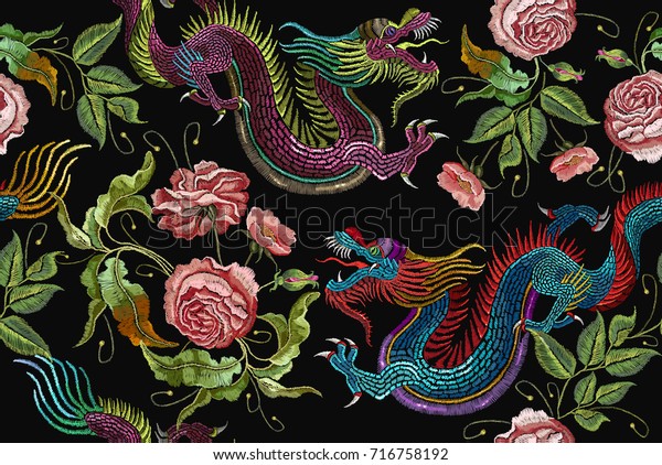 Embroidery chinese dragons and\
flowers peonies seamless pattern. Classical asian dragons and\
beautiful peonies seamless pattern. Clothes, textile design\
template 