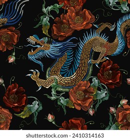 Flores chinas bordadas y rosas rojas sin fisuras. estilo asiático. Ropa, plantilla de diseño textil