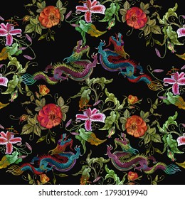 Flores chinas de bordado y flores de rosas sin fisuras. estilo asiático. Ropa, plantilla de diseño textil