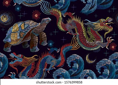 Embroidery. Chinese dragons, sea turtles and wave seamless pattern. Asian art. Oriental style. Clothes, textile design template 