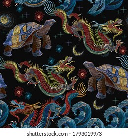 Embroidery. Chinese dragons, sea turtles and wave seamless pattern.  Oriental style. Clothes, textile design template. Asian art 