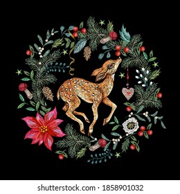 Embroidery christmas pattern with flowers, pine and deer.Winter art. Vector embroidered new year floral elements for design.