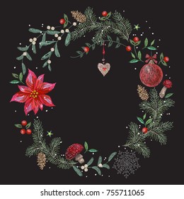 Embroidery christmas pattern with flowers, pine and ball. Vector embroidered new year floral wreath for design.
