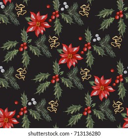 Embroidery christmas seamless pattern with red flowers, pine and mistletoe. Vector embroidered new year floral elements for design.