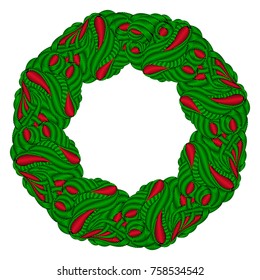 Embroidery Christmas wreath.  Vector round pattern in green and red colors. Ethnic mandala