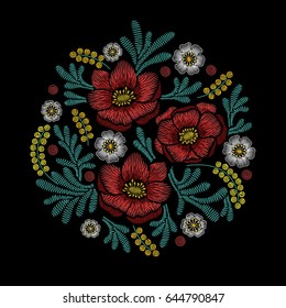 Embroidery circle floral pattern with anemone, mimosa and white flowers on black background. Vector fashion ornament