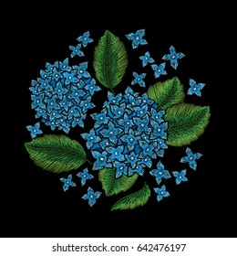 Embroidery circle floral pattern with hydrangea on black background. Vector fashion ornament