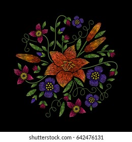 Embroidery circle floral pattern with lily, pink and violet flowers on black background. Vector fashion ornament