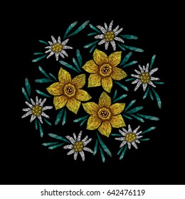 Embroidery circle floral pattern with narcissus and edelweiss on black background. Vector fashion ornament