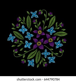 Embroidery circle floral pattern with violet flowers and hydrangea on black background. Vector fashion ornament