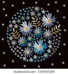 Embroidery circle pattern with beautiful flowers in blue colors. Floral vector illustration.