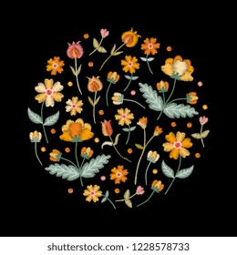 Embroidery circle pattern with beautiful yellow flowers. Colorful bouquet on black background. Floral vector illustration.