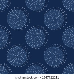 Embroidery Circle Sashiko Kantha Vector Pattern. Asian Needlework Seamless Background. Indigo Blue Style. Running Hand Stitch Texture for Textile Print, Japan Decor. Simple Kimono Quilting EPS 10