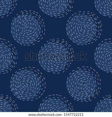 Embroidery Circle Sashiko Kantha Vector Pattern. Asian Needlework Seamless Background. Indigo Blue Style. Running Hand Stitch Texture for Textile Print, Japan Decor. Simple Kimono Quilting EPS 10