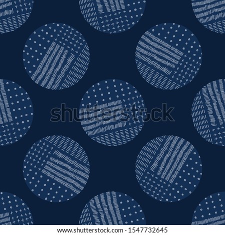 Embroidery Circle Sashiko Kantha Vector Pattern. Asian Needlework Seamless Background. Indigo Blue Style. Running Hand Stitch Texture for Textile Print, Japan Decor. Simple Kimono Quilting EPS 10

