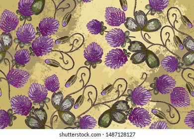 Embroidery clover seamless pattern. Classical beautiful flowers clover. Fashionable template for design of clothes