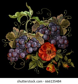 Embroidery cluster of grapes and peonies, beautiful still life. Classical embroidery grapes and flowers on black background, template fashionable clothes, t-shirt design, print, renaissance style 