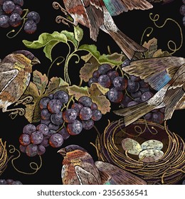 Embroidery cluster of grapes, plums, nest and birds seamless pattern. Template fashionable clothes, t-shirt design, print, renaissance style. Autumn harvest art