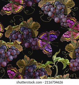 Embroidery cluster of grapes, plums and tropical butterflies seamless pattern. Autumn harvest art. Template fashionable clothes, t-shirt design, print, renaissance style