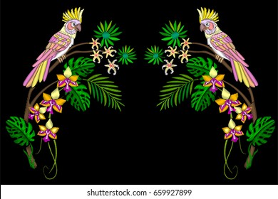 Embroidery cockatoo parrots in the jungle, palm leaves and tropical flowers.
