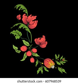 Embroidery for the collar line. Floral ornament in vintage style on a black background. Stock vector illustration.