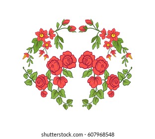 Embroidery for the collar line. Floral ornament in vintage style on a white background. Stock vector illustration.