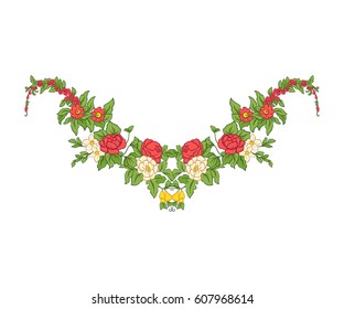 Embroidery for the collar line. Floral ornament in vintage style on a white background. Stock vector illustration.