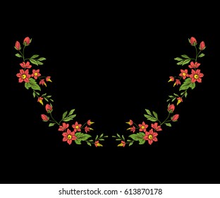 Embroidery for the collar line. Floral ornament in vintage style on a black background. Stock vector illustration.