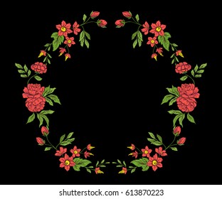 Embroidery for the collar line. Floral ornament in vintage style on a black background. Stock vector illustration.
