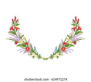 Embroidery for the collar line. Floral ornament in vintage style on a white background. Stock vector illustration.