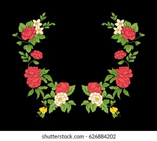 Embroidery for the collar line. Floral ornament in vintage style on a black background. Stock vector illustration.