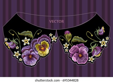 Embroidery to collar violets flower. Classical embroidery beautiful flowers of violet on black background. Fashionable design of clothes, t-shirt design 