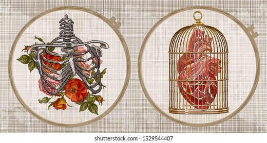 Embroidery collection. Anatomical heart, golden cage and skeleton ribs and flowers. Template tambour frame with a canvas, elements from stitches. Art for clothes 