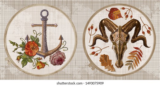 Embroidery collection. Anchor and roses, bull skull and autumn leaves. Template tambour frame with a canvas, elements from stitches. Art for clothes 