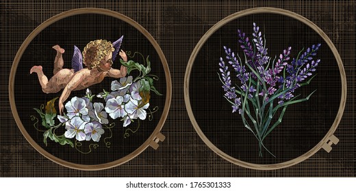 Embroidery collection. Angel and white flowers. Renaissance style. Cupids and lavender. Template tambour frame with a canvas, elements from stitches. Art for clothes 