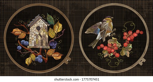 Embroidery collection. Bird house and autumn leaves, berries. Red branches of a mountain ash berry. Template tambour frame with a canvas, elements from stitches. Art for clothes 