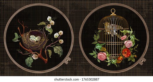 Embroidery collection. Birds, golden cage and roses flowers. Flowering apple tree and bird nest with eggs. Template tambour frame with a canvas, elements from stitches. Art for clothes 