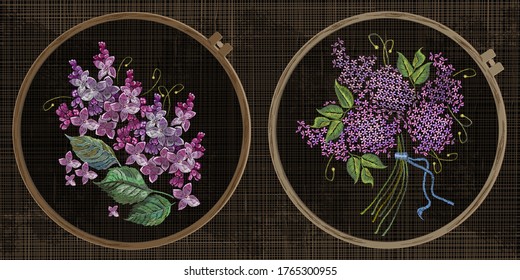 Embroidery collection. Blossoming lilac flowers bouquet. Template tambour frame with a canvas, elements from stitches. Art for clothes 