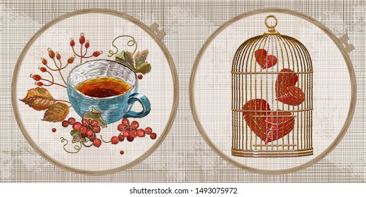 Embroidery collection. Cap of herbal tea and red heart in golden cage. Vintage set. Template tambour frame with a canvas, elements from stitches. Art for clothes