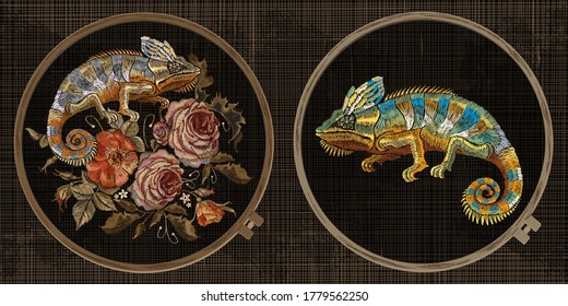 Embroidery collection. Chameleons, red roses and peonies. Template tambour frame with a canvas, elements from stitches. Art for clothes 