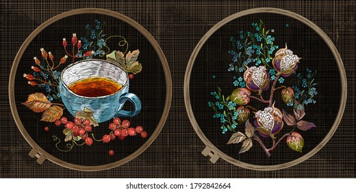 Embroidery collection. Cup of tea, cotton flowers Template tambour frame with a canvas, elements from stitches. Art for clothes 