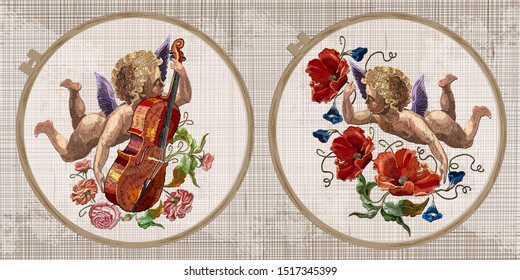 Embroidery collection. Cupid plays violin, little boy angel and poppies flowers. Template tambour frame with a canvas, elements from stitches. Art for clothes 