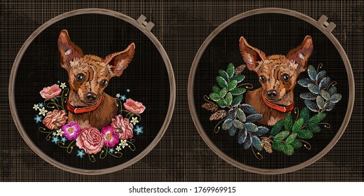 Embroidery collection. Dog and flowers. Chihuahua. Christmas wreath from fir tree branches and roses. Template tambour frame with a canvas, elements from stitches. Art for clothes
