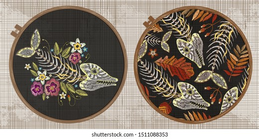 Embroidery collection. Fish bone and flowers. Gothic style. Halloween elements. Template tambour frame with a canvas, elements from stitches. Art for clothes 