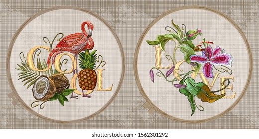 Embroidery collection. Flamingo, palm tree leaves, pineapple, coconutt. Cool and Love slogan.Tiger lily, flowers orchids. Template tambour frame with a canvas, elements from stitches 