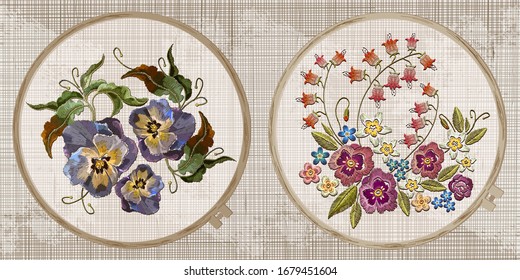 Embroidery collection. Flowers. Template tambour frame with a canvas, elements from stitches. Art for clothes 