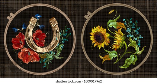 Embroidery collection. Gold horseshoe. Red poppies and yellow sunflowers. Template tambour frame with a canvas, elements from stitches. Art for clothes 