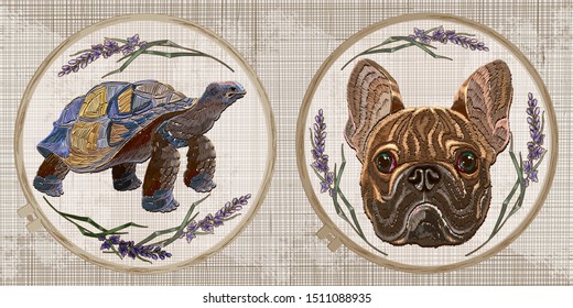 Embroidery collection. Head bulldog and sea turtle. Animals. Template tambour frame with a canvas, elements from stitches. Art for clothes 